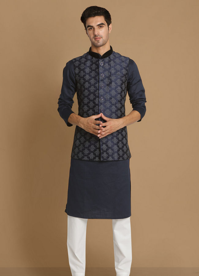 alt message - Manyavar Men Denim Blue Festive Kurta Jacket With White Pajama image number 1